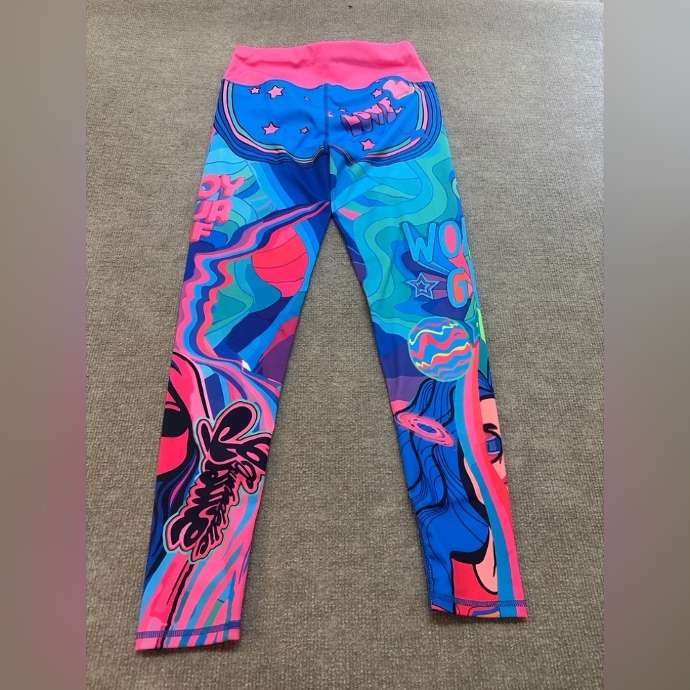 Psychedelic 70s Mod Graphic Pink Waistband Leggings medium 0483 - Picture 3 of 5